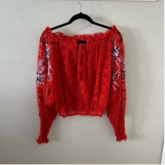 Free People Jubilee Embroidered Red Lace Blouse - Picture 4 of 9